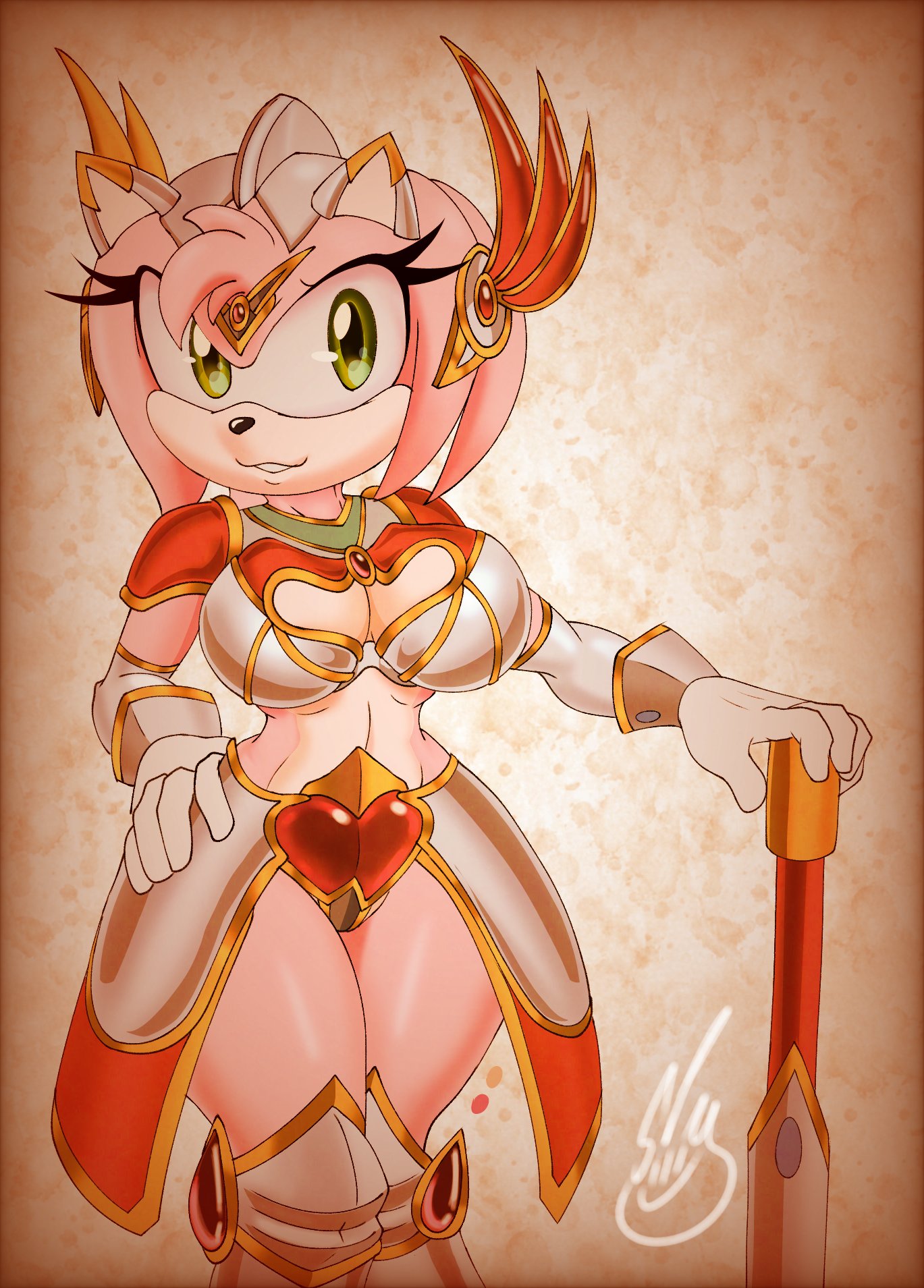 amy_rose anthro armor barely_sly big_(disambiguation) bikini breasts clothing eulipotyphlan female green_eyes hedgehog hi_res mammal melee_weapon paladin sega sonic_the_hedgehog_(series) swimwear unconvincing_armor weapon