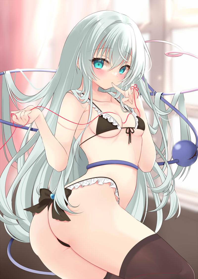 1girl alternate_hairstyle aqua_eyes aqua_hair ass bad_anatomy bikini black_thighhighs blurry blurry_background blush finger_to_mouth frills hair_flowing_over hands_up heart heart_of_string komeiji_koishi long_hair no_headwear solo string string_of_fate swimsuit thighhighs third_eye tosakaoil touhou twisted_torso very_long_hair