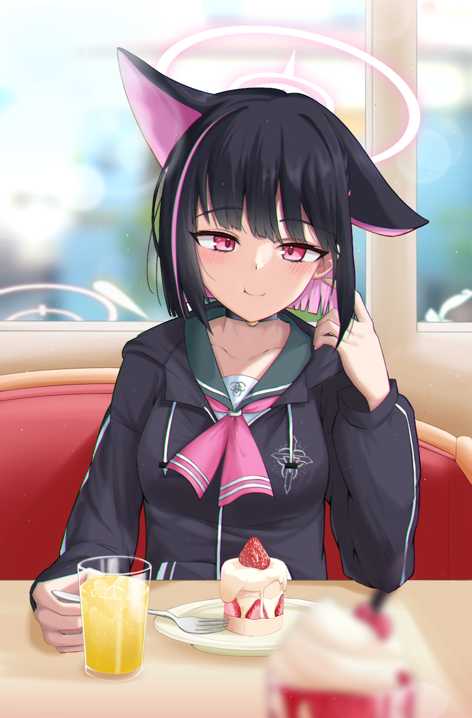 4girls after-school_sweets_club_(blue_archive) airi_(blue_archive) animal_ears black_choker black_hair black_hoodie blue_archive blurry blurry_background blurry_foreground cake cat_ears choker closed_mouth collarbone colored_inner_hair commentary day food fork fruit green_sailor_collar halo highres hood hoodie kazusa_(blue_archive) long_sleeves looking_at_viewer multicolored_hair multiple_girls natsu_(blue_archive) neckerchief pink_eyes pink_hair pink_neckerchief pov_across_table sailor_collar short_hair smile solo_focus strawberry strawberry_shortcake sugarplus two-tone_hair yoshimi_(blue_archive)