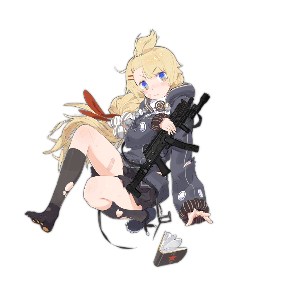 1girl :/ ankle_socks bandaid bandaid_on_cheek bandaid_on_face bandaid_on_thigh black_skirt black_socks blonde_hair blue_eyes blunt_bangs blush book colored_shoe_soles dropping feet full_body girls'_frontline grey_footwear grey_hoodie gun hair_bobbles hair_ornament hair_ribbon hairclip holding holding_gun holding_weapon hood hoodie layered_legwear long_hair long_sleeves official_art open_book pandegg paw_print_soles pleated_skirt ponytail pp-19-01 pp-19-01_(girls'_frontline) red_ribbon red_star ribbon shoes shoulder_patches simple_background single_shoe skirt socks solo submachine_gun toes topknot transparent_background tripping v-shaped_eyebrows very_long_hair weapon