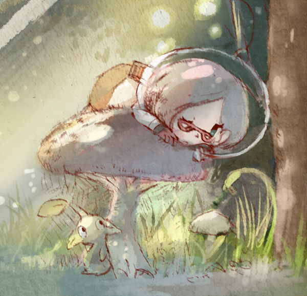 1girl ;o alien b_spa_gyoreva backpack bad_id bad_pixiv_id bag brittany_(pikmin) dappled_sunlight eyelashes glasses gloves grass leaf looking_at_another lying mushroom on_stomach one_eye_closed open_mouth pikmin_(series) pink_bag pink_gloves pink_hair pink_skirt pointy_ears radio_antenna red-framed_eyewear shady_eyes short_hair sitting skirt space_helmet spacesuit sunlight third-party_source tiny tree triangular_eyewear yellow_pikmin