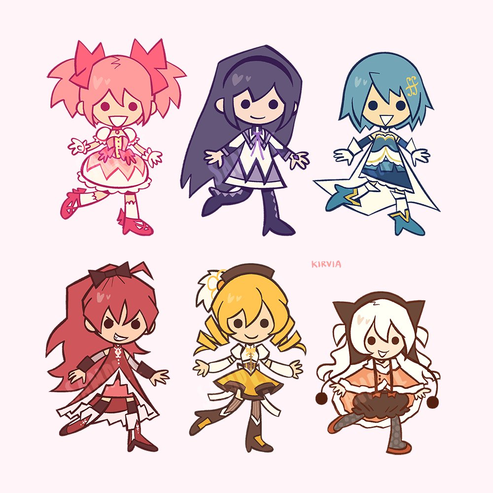 6+girls akemi_homura black_bow blonde_hair blue_footwear blue_hair boots bow cape closed_mouth commentary dress drill_hair english_commentary full_body fur-trimmed_cape fur_trim hair_bow hairband high_ponytail kaname_madoka kirvias_(kirvia) long_hair mahou_shoujo_madoka_magica miki_sayaka momoe_nagisa multiple_girls orange_cape pink_background pink_bow pink_dress pink_hair purple_hair purple_hairband red_footwear red_hair sakura_kyouko shirt short_hair simple_background skirt smile solid_circle_eyes tomoe_mami toon_(style) twin_drills twintails two_side_up very_long_hair white_cape white_hair white_shirt yellow_skirt