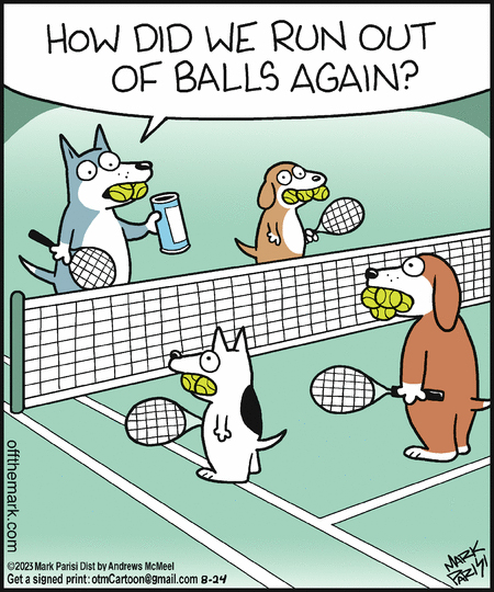 2023 anthro ball barefoot biped black_nose canid canine canis comic domestic_dog english_text feet group humor mammal mark_parisi sport standing tennis tennis_ball tennis_court tennis_racket text url