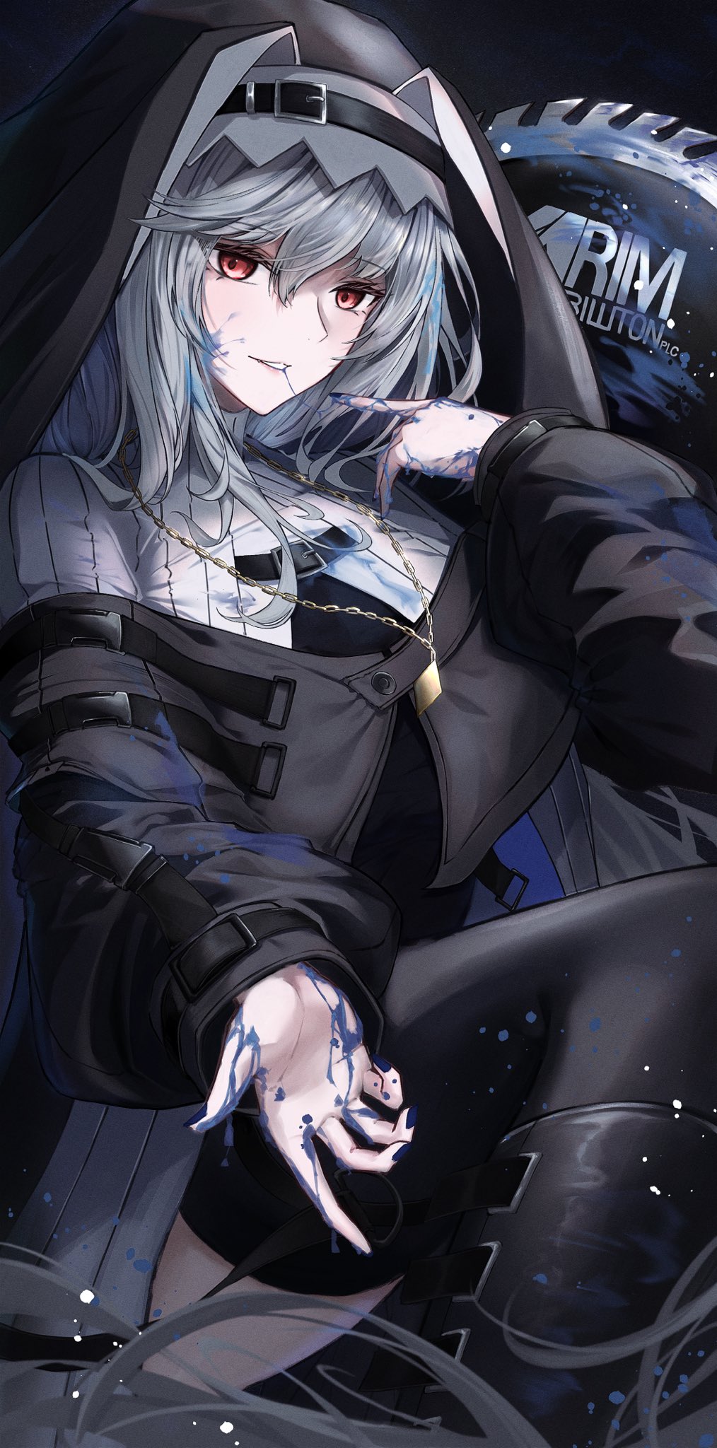 1girl arknights ass black_dress black_thighhighs blood blood_on_clothes blood_on_face blood_on_hands blue_blood blush breasts circular_saw commentary dress feet_out_of_frame finger_to_mouth grey_hair habit highres jewelry knees_up long_hair long_sleeves looking_at_viewer medium_breasts mo_komo_momo necklace nun parted_lips red_eyes solo specter_(arknights) thighhighs very_long_hair