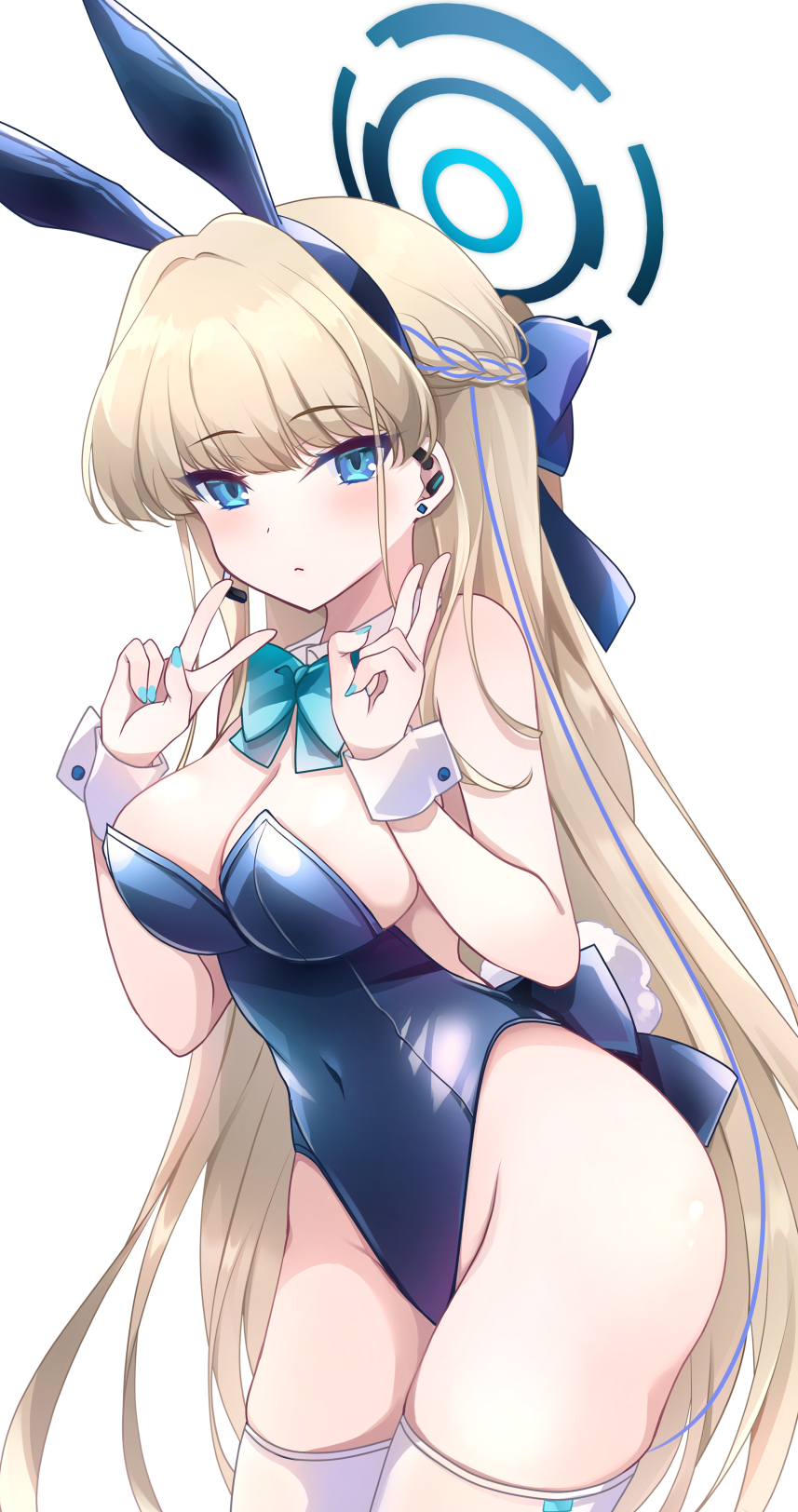 1girl animal_ears ass blonde_hair blue_archive blue_bow blue_bowtie blue_eyes blue_hair blue_halo blue_leotard blue_nails blush bow bowtie braid breasts cleavage closed_mouth covered_navel cowboy_shot detached_collar double_v fake_animal_ears fake_tail fingernails halo highres ichiyou_moka leotard long_hair looking_at_viewer medium_breasts multicolored_hair nail_polish official_alternate_costume playboy_bunny rabbit_ears rabbit_tail simple_background solo strapless strapless_leotard streaked_hair tail thighhighs toki_(blue_archive) toki_(bunny)_(blue_archive) v white_background white_thighhighs wrist_cuffs