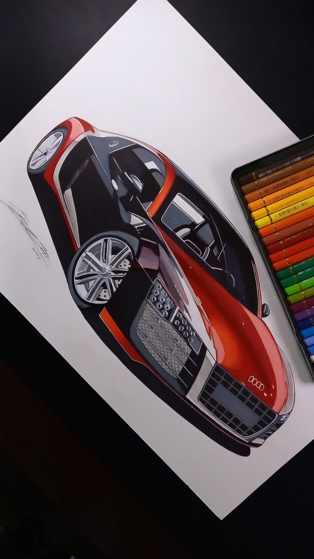 art_tools_in_frame audi audi_r8 car colored_pencil colored_pencil_(medium) highres luka_milic motor_vehicle need_for_speed need_for_speed:_carbon no_humans pencil photo_(medium) shadow signature sports_car traditional_media vehicle_focus white_background