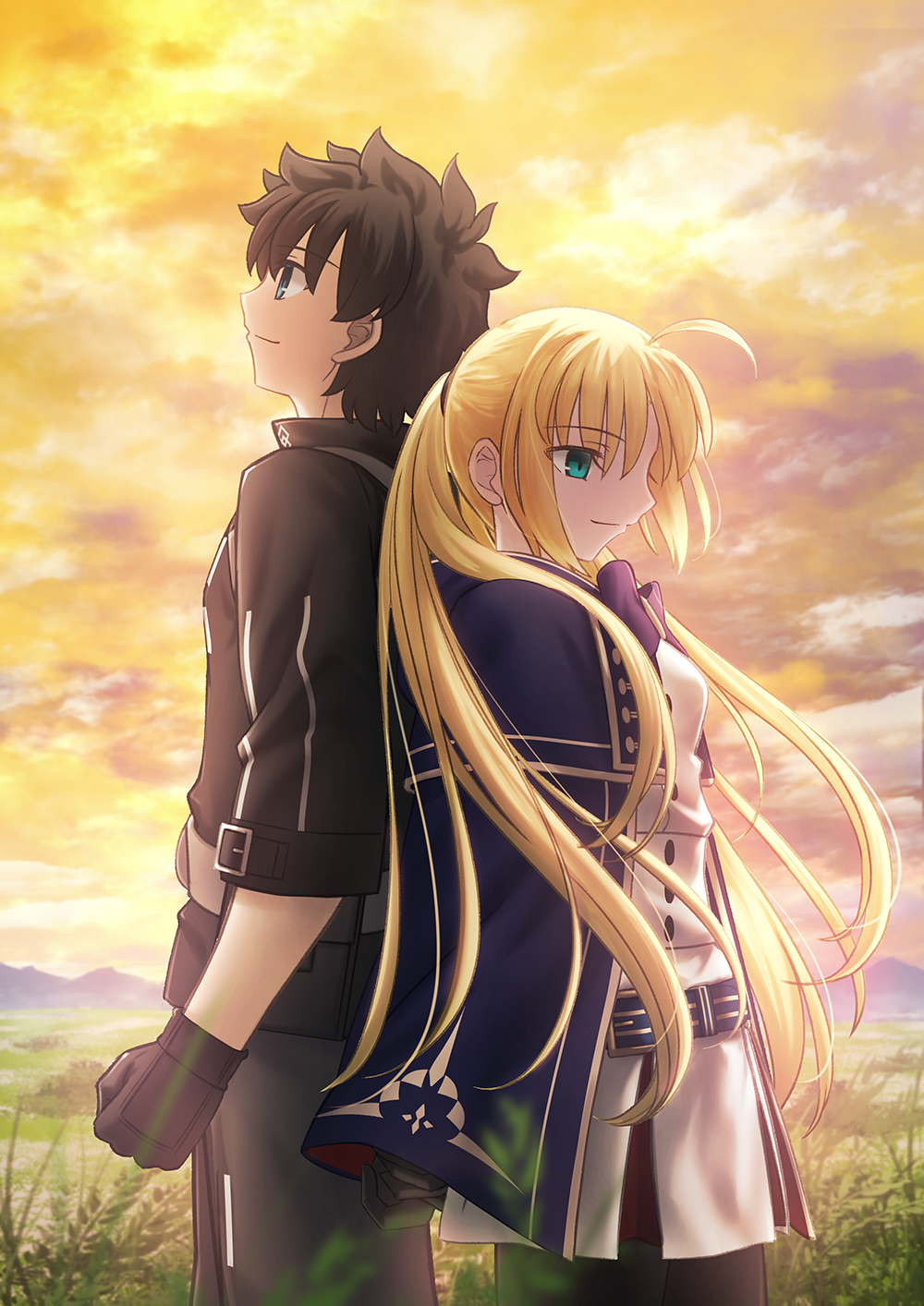 1boy 1girl ahoge artoria_caster_(fate) artoria_caster_(second_ascension)_(fate) artoria_pendragon_(fate) back-to-back belt black_gloves black_hair black_pants black_pantyhose black_shirt blonde_hair blue_belt blue_bow blue_bowtie blue_cape blue_eyes bow bowtie buttons cape chaldea_logo closed_mouth cloud commentary_request dress fate/grand_order fate_(series) floating_hair from_side fujimaru_ritsuka_(male) fujimaru_ritsuka_(male)_(polar_chaldea_uniform) gloves green_eyes highres long_hair looking_away orange_sky outdoors pants pantyhose parody profile shirt shoori_(migiha) short_hair sky sleeves_rolled_up smile style_parody takeuchi_takashi_(style) twintails uniform very_long_hair white_dress