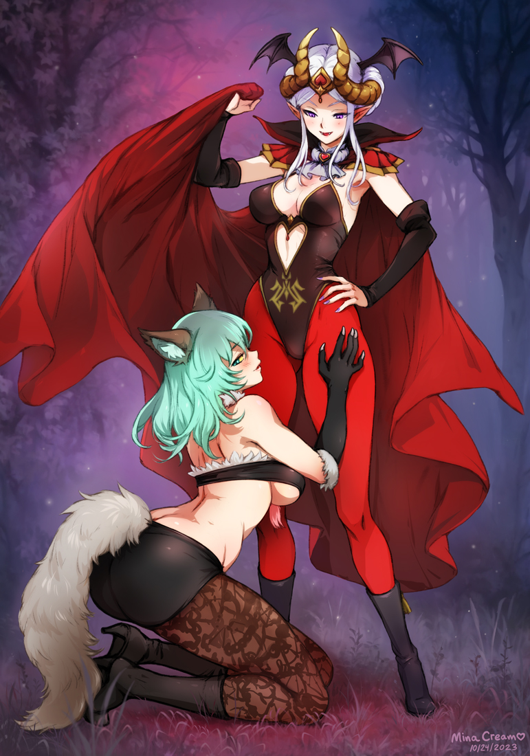 2girls alternate_costume ass breasts butt_crack byleth_(female)_(fire_emblem) byleth_(fire_emblem) cape collared_cape double_bun edelgard_von_hresvelg enlightened_byleth_(female) fire_emblem fire_emblem:_three_houses forest green_eyes green_hair hair_bun halloween halloween_costume leggings leotard long_hair mina_cream multiple_girls nature night official_alternate_hair_color open_mouth outdoors patterned_legwear pointy_ears purple_eyes underboob vampire vampire_costume werewolf white_hair