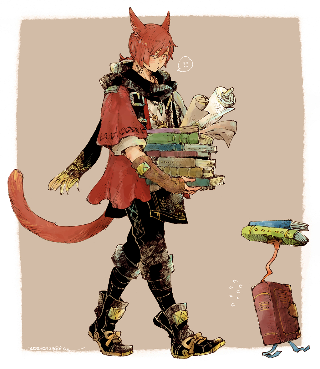 ! !! 1boy animal_ears animate_object ankle_boots black_footwear black_pants black_scarf book book_stack boots border bow braid braided_ponytail brown_background brown_gloves carrying cat_boy cat_ears cat_tail dated elbow_gloves facial_mark final_fantasy final_fantasy_xiv fingerless_gloves flying_sweatdrops footwear_bow fringe_trim from_side full_body g'raha_tia gloves grey_shirt hair_ornament holding holding_book itowff14 jacket jewelry looking_down low_ponytail male_focus miqo'te neck_tattoo outside_border pants pendant puckered_lips red_eyes red_hair red_jacket scarf scroll shirt short_hair short_ponytail shoulder_belt signature single_braid solo spoken_exclamation_mark swept_bangs tail tattoo walking white_border x_hair_ornament