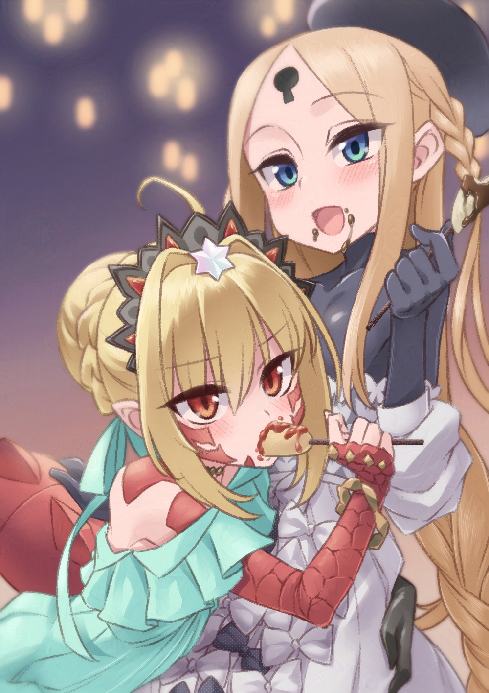 2girls abigail_williams_(event_portrait)_(fate) abigail_williams_(fate) ahoge aqua_dress aqua_ribbon bare_shoulders black_gloves black_headwear black_shirt blonde_hair blue_eyes bodystocking braid braided_ponytail breasts chocolate_banana choker corn_dog dragon_tail dress eating elbow_gloves facial_mark fate/grand_order fate_(series) forehead french_braid galbany_(tsgororin) gloves grey_dress hair_bun hair_intakes hair_ribbon hat highres ketchup keyhole long_hair long_sleeves looking_at_viewer multiple_girls nero_claudius_(fate) off_shoulder open_mouth parted_bangs pointy_ears queen_draco_(event_portrait)_(fate) queen_draco_(fate) red_eyes ribbon scales shirt sidelocks single_glove small_breasts smile tail tiara very_long_hair