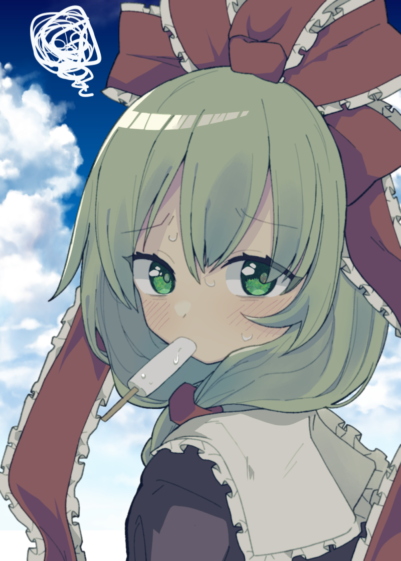 1girl blue_sky cloud commentary_request food_in_mouth frilled_ribbon frills front_ponytail green_eyes green_hair hair_ribbon kagiyama_hina looking_at_viewer medium_hair popsicle_in_mouth red_ribbon ribbon sky solo squiggle touhou upper_body yamase