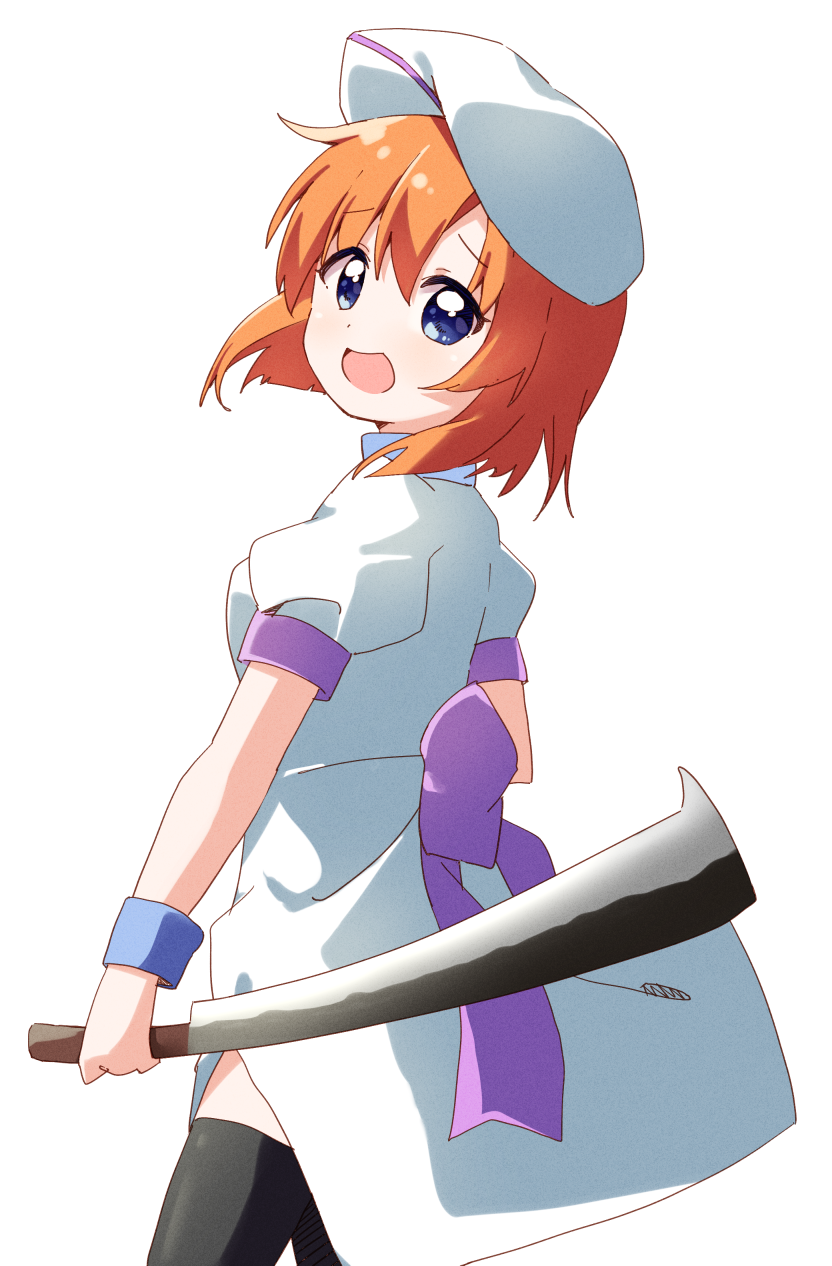 1girl :d black_thighhighs blue_eyes brown_hair cleaver commentary_request cowboy_shot dress from_side hair_between_eyes haru_(konomi_150) hat highres higurashi_no_naku_koro_ni looking_at_viewer looking_to_the_side nata_(tool) open_mouth puffy_short_sleeves puffy_sleeves ryuuguu_rena short_hair short_sleeves simple_background smile solo thighhighs white_background white_dress white_headwear wristband