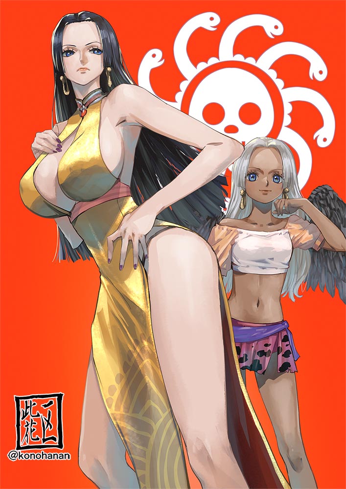 2girls artist_logo bare_arms black_hair black_wings blue_eyes boa_hancock breasts china_dress chinese_clothes cleavage_cutout clothing_cutout commentary_request cropped_shirt dark-skinned_female dark_skin dress earrings feathered_wings jewelry konohana large_breasts loincloth long_hair midriff multiple_girls off-shoulder_shirt off_shoulder one_piece pelvic_curtain purple_nails s-snake seraphim_(one_piece) shirt side_slit sideboob simple_background sleeveless sleeveless_dress small_breasts snake_earrings star-shaped_pupils star_(symbol) symbol-shaped_pupils twitter_username white_hair wings yellow_dress