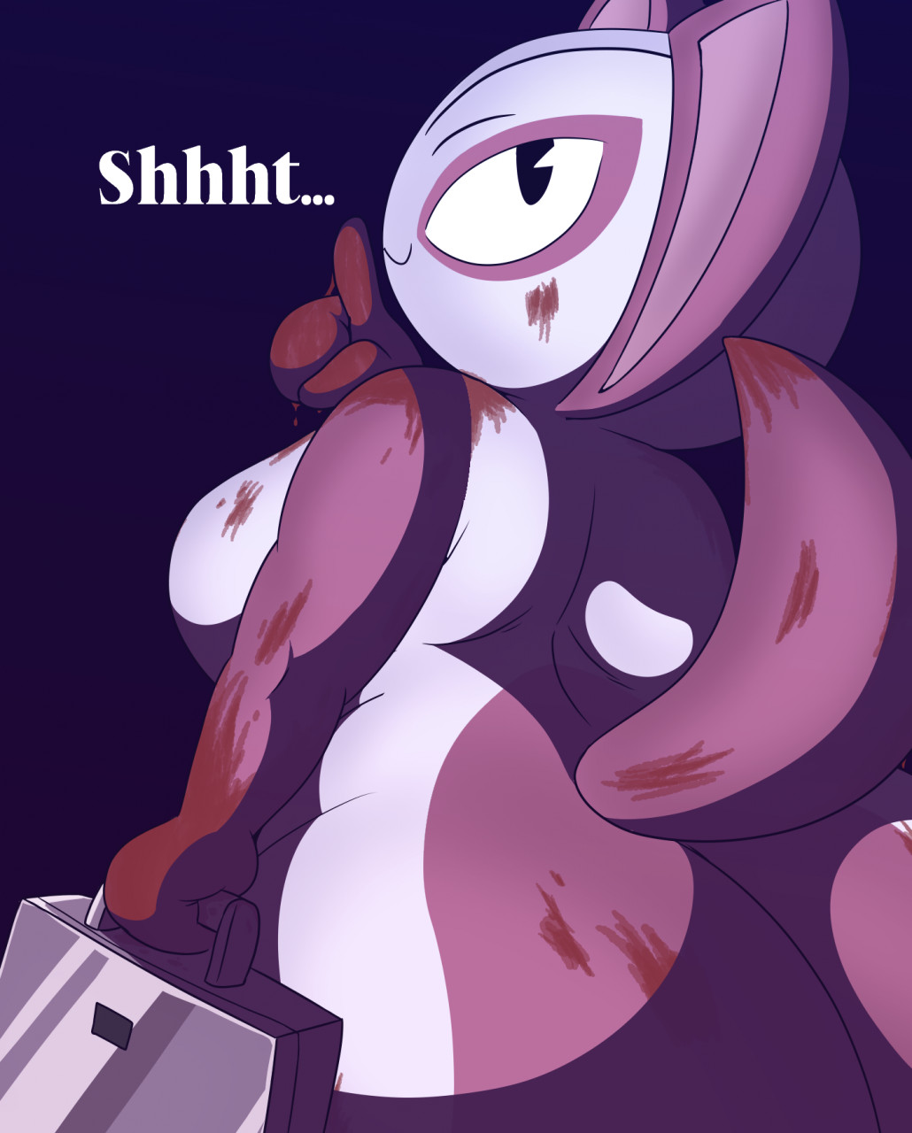 anthro big_breasts big_butt blood blood_on_butt blood_on_hand blood_on_tail blue_background bodily_fluids breasts briefcase bullet_train_(movie) butt chubby_humanoid covered_in_blood female fur hi_res humanoid looking_at_viewer looking_back mascot momomon pink_body pink_fur pizzabro shush simple_background slightly_chubby solo thick_thighs white_body white_fur wide_hips