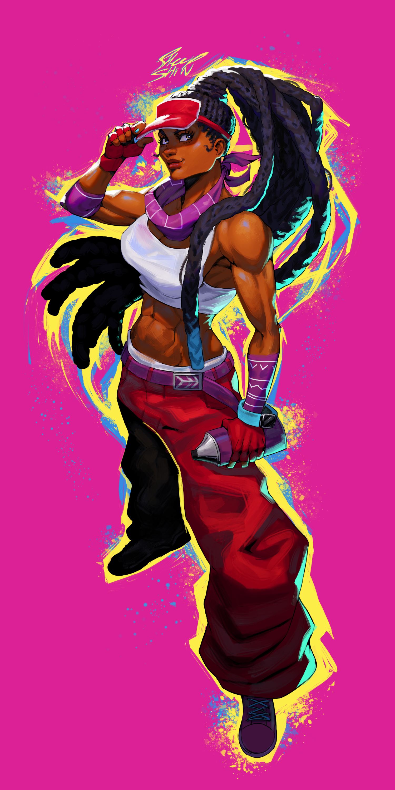 1girl abs absurdres aqua_hair artist_name baggy_pants belt biceps black_hair breasts brown_lips colored_tips dark-skinned_female dark_skin deltoids dreadlocks elbow_pads fingerless_gloves full_body gloves highres holding kimberly_jackson long_hair lowleg lowleg_pants medium_breasts midriff multicolored_hair muscular muscular_female neckerchief nose official_alternate_costume official_alternate_hairstyle outline pants pink_background purple_belt purple_neckerchief red_gloves red_headwear red_pants revision sheep_shin shoes single_elbow_pad smartwatch sneakers solo sports_bra spray_can street_fighter street_fighter_6 two-tone_hair very_dark_skin very_long_hair visor_cap watch white_sports_bra wristwatch yellow_outline