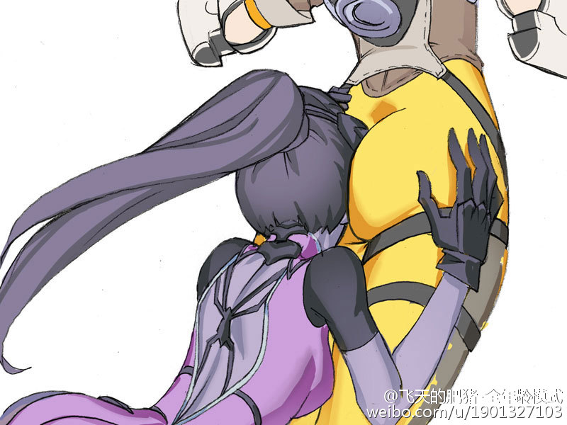 2girls artist_request ass ass_grab bad_source colored_skin face_in_ass gloves hair_pulled_back looking_at_ass multiple_girls overwatch overwatch_1 purple_skin simple_background spider_tattoo tattoo tracer_(overwatch) widowmaker_(overwatch)