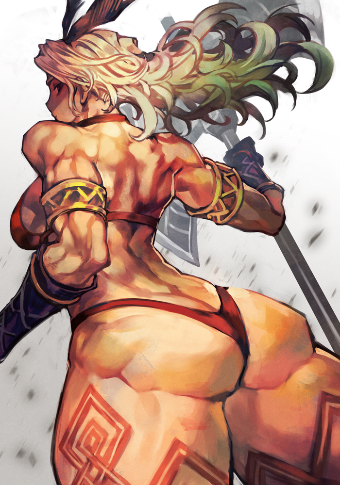 1girl amazon_(dragon's_crown) amazon_warrior armlet ass axe back bare_shoulders bikini black_gloves blonde_hair breasts dragon's_crown elbow_gloves gloves hungry_clicker large_breasts long_hair looking_at_viewer looking_back muscular muscular_female red_bikini solo swimsuit tattoo thick_thighs thighs