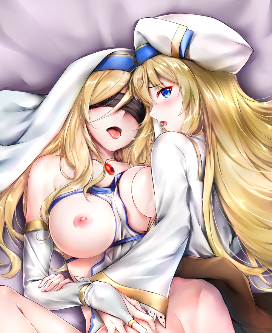 2girls black_blindfold blindfold blonde_hair blue_eyes blush breast_press breasts covered_eyes dakimakura_(medium) detached_sleeves dress goblin_slayer! habit jewelry large_breasts long_hair looking_at_viewer looking_back medium_breasts multicolored_clothes multicolored_headwear multiple_girls necklace nipples open_clothes open_mouth plume priestess priestess_(goblin_slayer!) rei_kun saliva saliva_trail sword_maiden thighhighs tongue tongue_out white_dress white_headwear white_thighhighs yuri