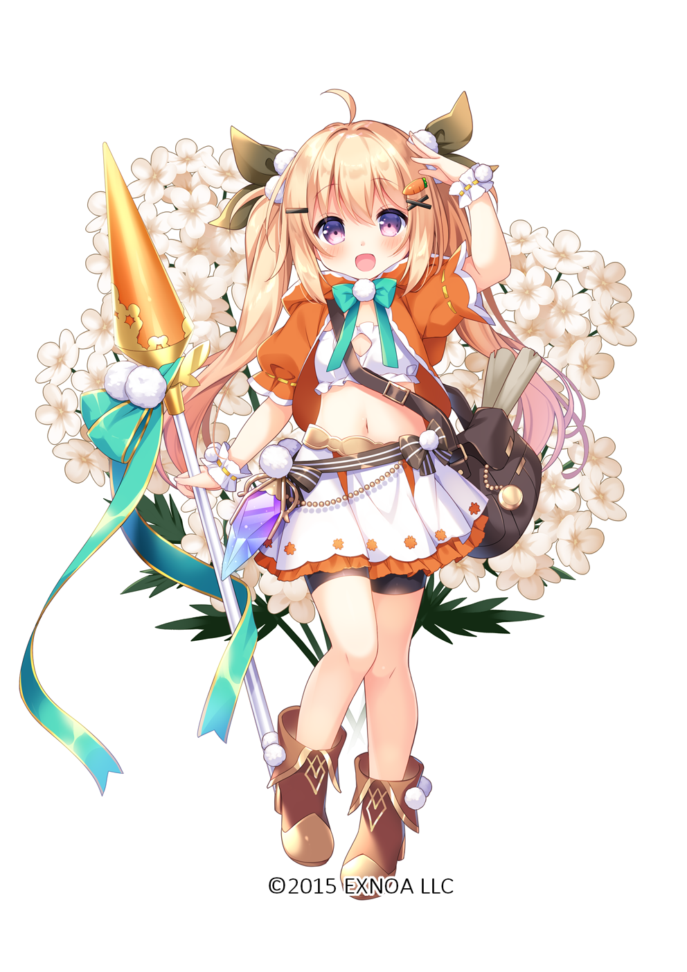 1girl :d ahoge bag bare_legs bike_shorts black_bow black_shorts blonde_hair blush bow brown_footwear carrot_(flower_knight_girl) carrot_hair_ornament dot_nose flower flower_knight_girl food-themed_hair_ornament frills full_body green_bow hair_bow hair_intakes hair_ornament hairclip highres holding holding_polearm holding_weapon jacket layered_skirt long_hair looking_at_viewer midriff name_connection navel object_namesake official_art open_mouth orange_jacket polearm pom_pom_(clothes) pom_pom_hair_ornament puffy_sleeves purple_eyes shoes shorts shorts_under_skirt simple_background skirt smile solo standing strapless striped striped_bow tube_top umeko_machi weapon white_background white_skirt wrist_cuffs x_hair_ornament