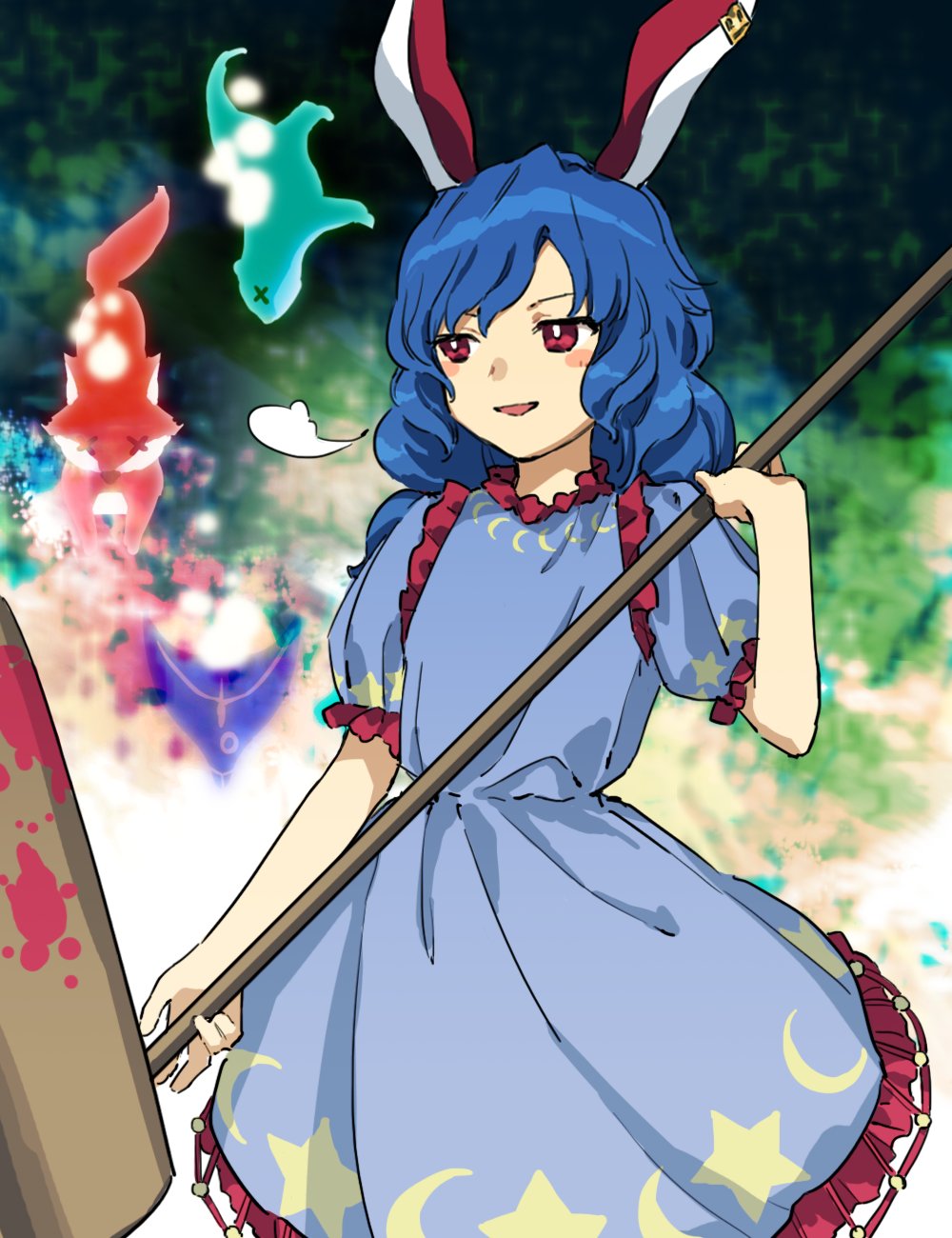 1girl ambiguous_red_liquid animal_ears blue_dress blue_hair blush_stickers crescent_print dress eagle_spirit_(touhou) earclip highres holding kaigen_1025 kine long_hair mallet open_mouth otter_spirit_(touhou) rabbit_ears red_eyes seiran_(touhou) short_sleeves smile solo star_(symbol) star_print touhou wolf_spirit_(touhou)