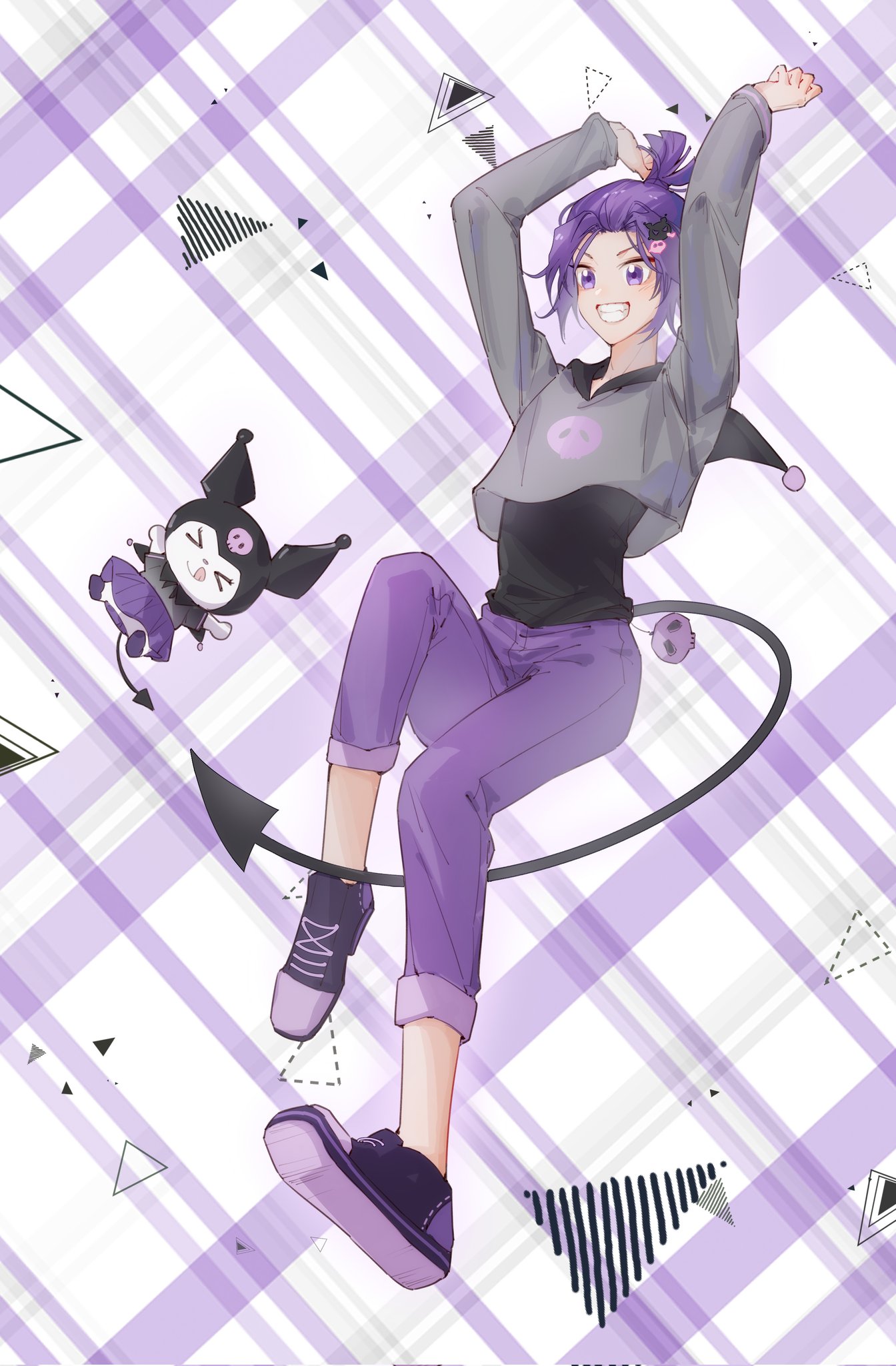 &gt;_&lt; 1boy black_hoodie blue_lock crop_top full_body grey_shirt grin highres hood hood_down hoodie kuromi male_focus mikage_reo onegai_my_melody p66666l pants purple_background purple_eyes purple_footwear purple_hair purple_pants sanrio shirt shoes short_hair short_ponytail smile teeth