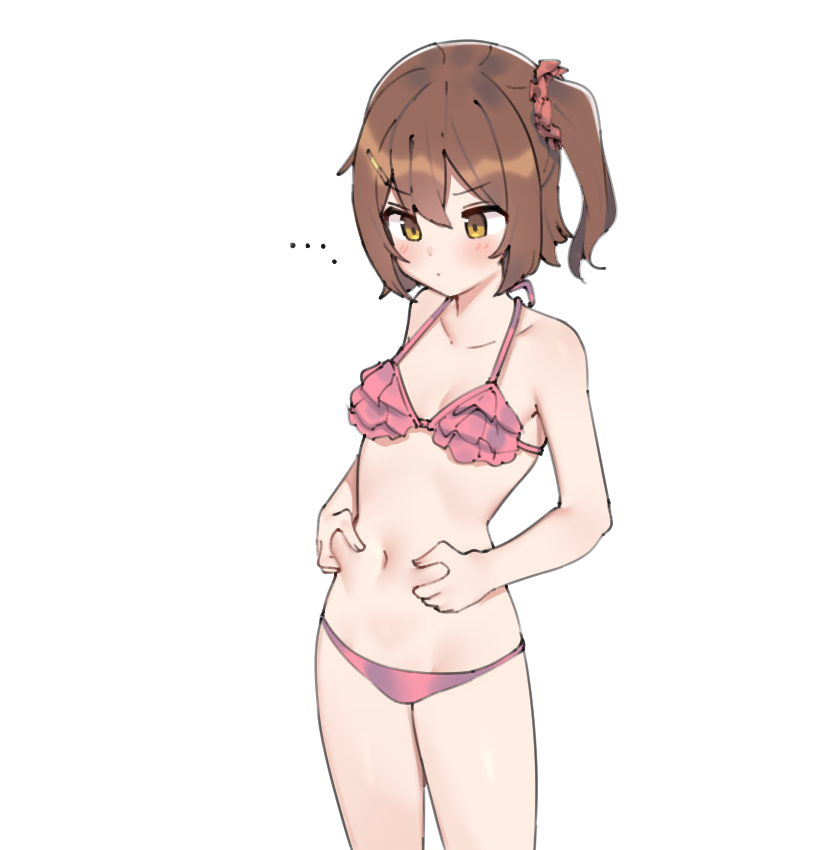 ... 1girl aa211108 belly_grab bikini blush breasts brown_hair collarbone hair_ornament hair_scrunchie idolmaster idolmaster_million_live! kasuga_mirai navel one_side_up pink_bikini scrunchie simple_background small_breasts solo stomach string_bikini swimsuit white_background