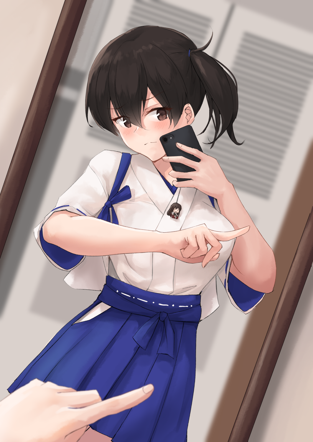 1girl akagi_(kancolle) blue_hakama blush brown_eyes brown_hair cellphone closed_mouth hair_between_eyes hakama highres holding holding_phone japanese_clothes k_jie kaga_(kancolle) kantai_collection long_hair meme mirror one_finger_selfie_challenge_(meme) phone short_sleeves side_ponytail smartphone solo tasuki you're_doing_it_wrong