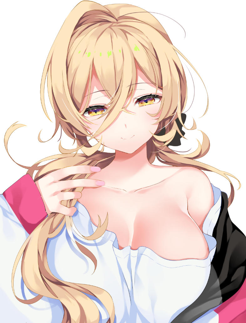 1girl ariko_youichi bare_shoulders blonde_hair blush breasts cleavage closed_mouth collarbone hair_between_eyes large_breasts long_hair looking_at_viewer nijisanji nui_sociere nui_sociere_(2nd_costume) shirt solo upper_body very_long_hair virtual_youtuber white_background white_shirt yellow_eyes
