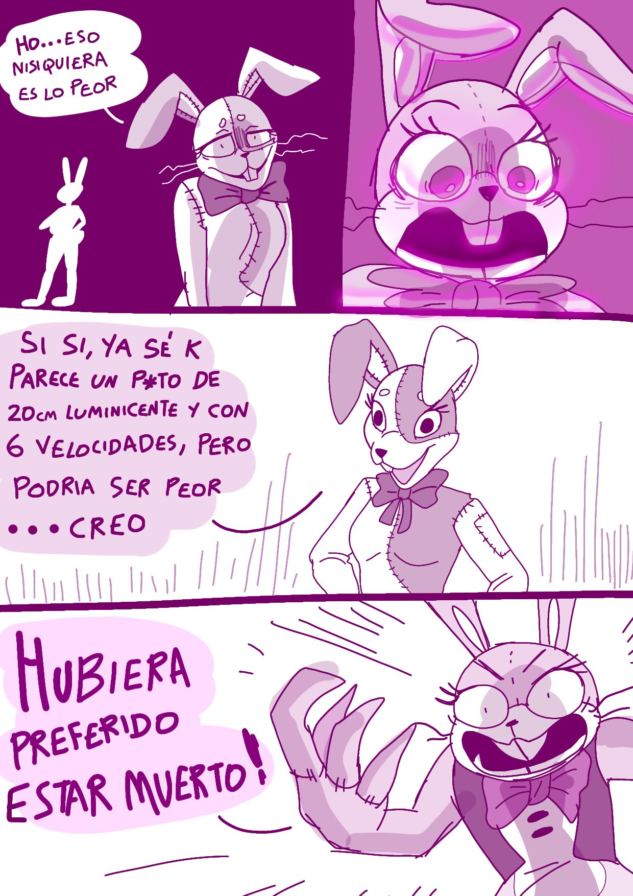 angry anthro bow_accessory buckteeth clothing comic duo female five_nights_at_freddy's glitchtrap happy hi_res lagomorph leporid male mammal monochrome rabbit renita_reed scottgames simple_background spanish_text surprise sweater teeth text topwear vanny_(fnaf) whiskers white_background