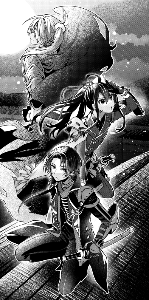 3boys armor boots buttons cloud cloudy_sky double-breasted eyelashes full_moon gloves greyscale izumi_kikaku kashuu_kiyomitsu kiwame_(touken_ranbu) kneeling long_hair low_ponytail male_focus monochrome moon multiple_boys namazuo_toushirou night ponytail rooftop screentones shishiou shishiou_no_mofumofu sky smile sword touken_ranbu weapon