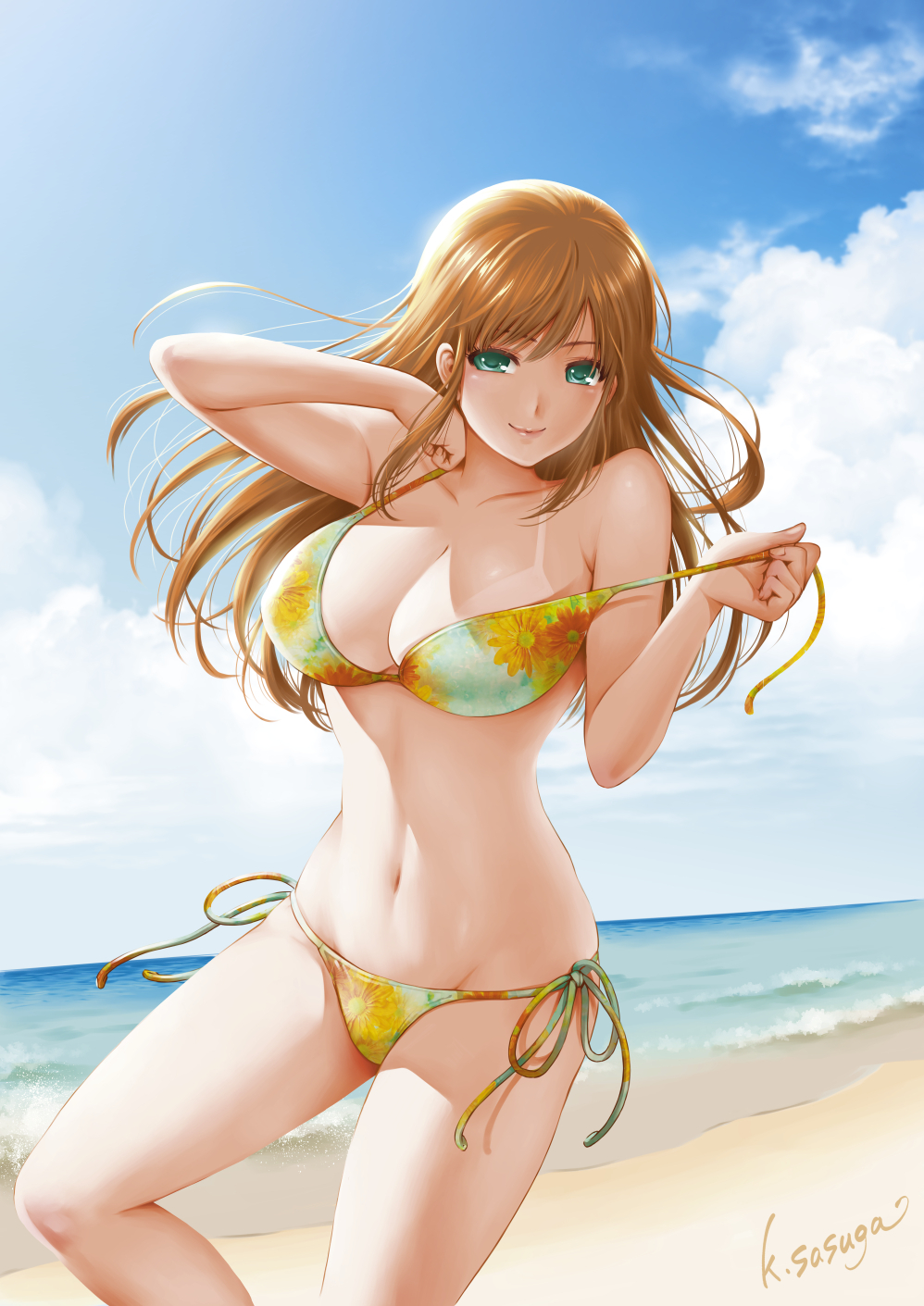 1girl artist_name beach bikini bikini_tan blue_sky breasts brown_hair closed_mouth cloud commentary_request day domestic_na_kanojo floral_print green_eyes halterneck highres large_breasts long_hair looking_at_viewer navel ocean official_art outdoors sasuga_kei side-tie_bikini_bottom sky smile solo strap_pull swimsuit tachibana_hina tan tanlines thighs water