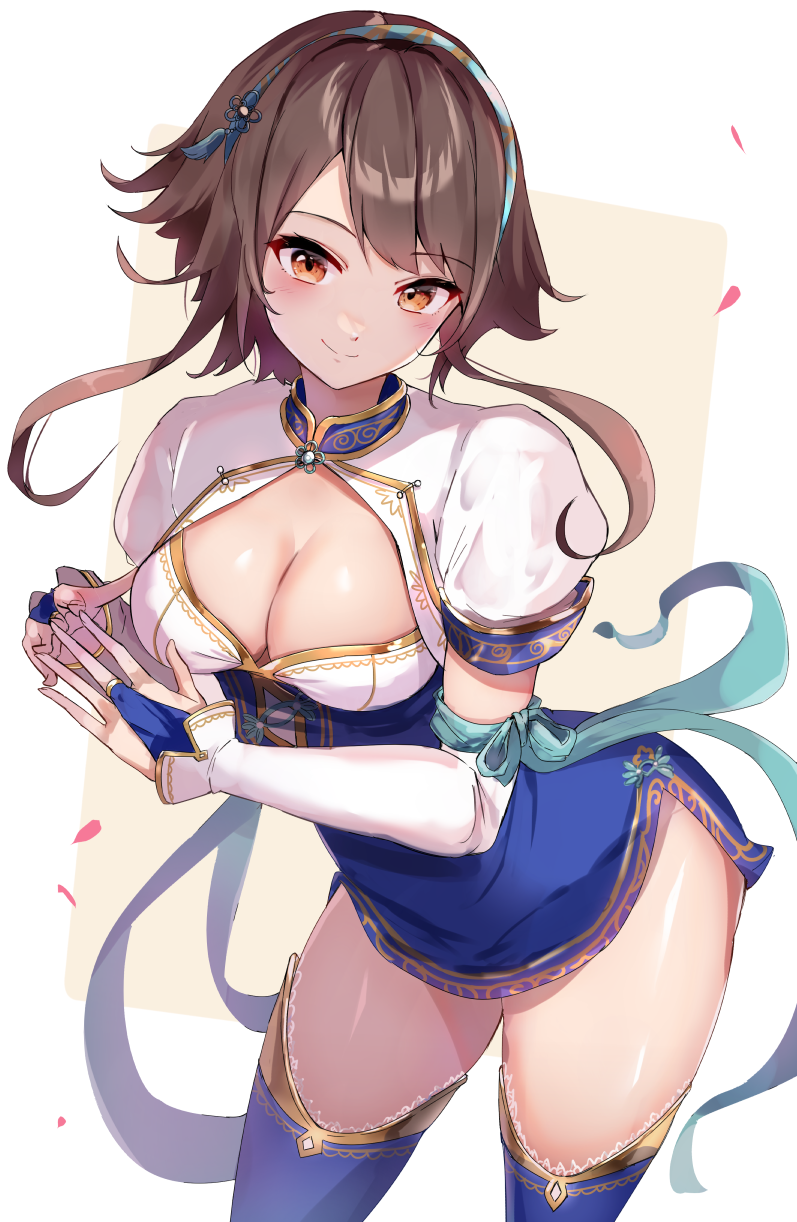 1girl blue_dress blue_shorts blue_thighhighs blush breasts bright_pupils chai_xianghua cleavage closed_mouth contrapposto cowboy_shot dress highres large_breasts looking_at_viewer orange_eyes own_hands_together petals racket_ti1 short_dress short_sleeves shorts shrug_(clothing) sidelocks smile solo soulcalibur soulcalibur_vi thighhighs two-tone_background white_background yellow_background zettai_ryouiki