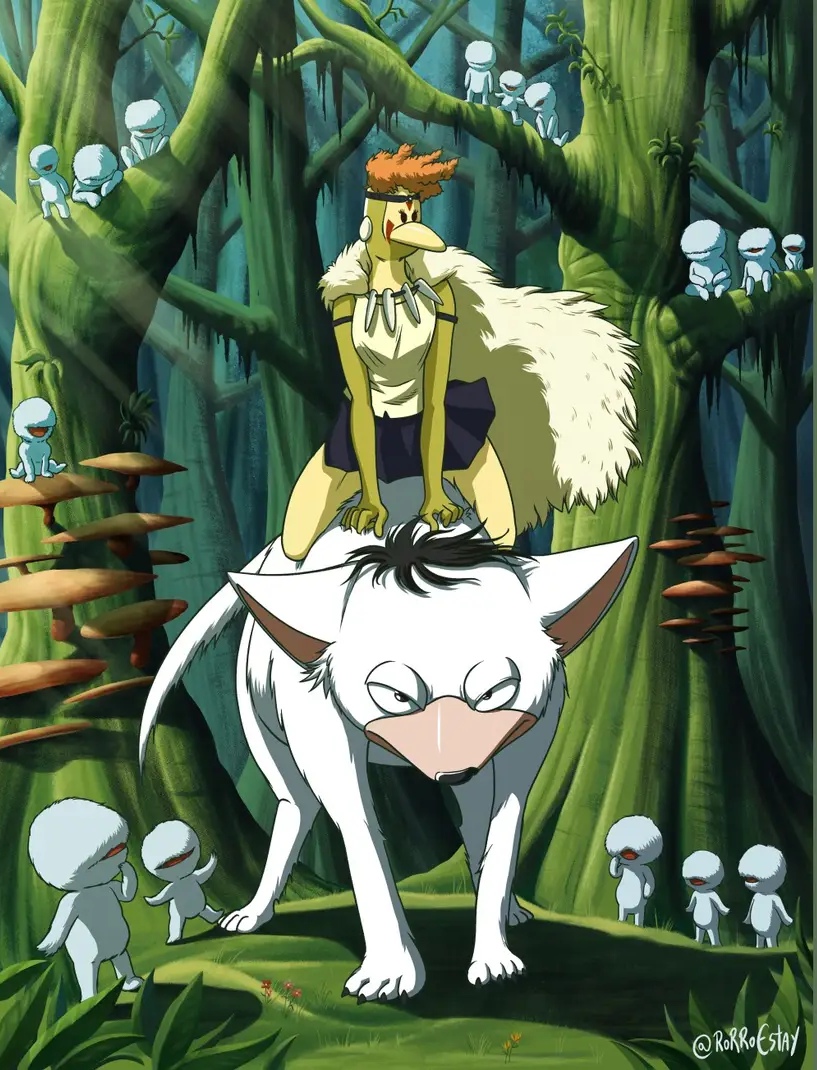 31_minutos artist_name avian bird breasts canid canine canis chihuahua cosplay domestic_dog female forest ghibli group juanin_(species) juanin_juan_harry mammal mario_hugo open_mouth patana plant princess_mononoke puppet rorroestay size_difference toy_dog tree