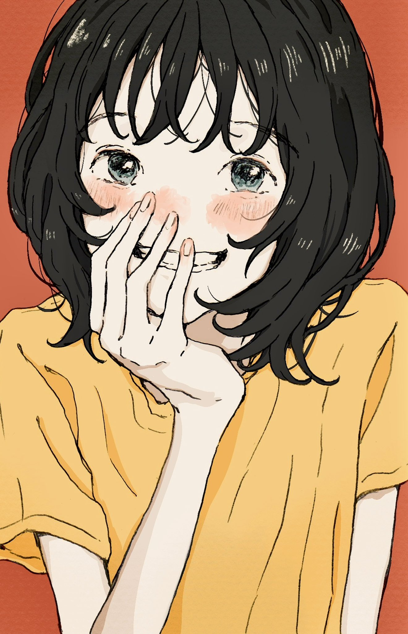 1girl black_hair grey_eyes hand_on_own_face highres looking_at_viewer orange_background original shirt short_hair simple_background smile solo upper_body usakonbu22 yellow_shirt