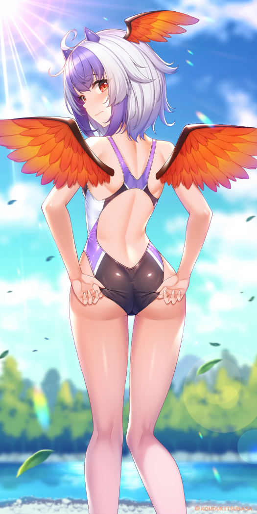 1girl adjusting_clothes adjusting_swimsuit ahoge ass blue_sky blush breasts closed_mouth cloud commission competition_swimsuit day from_behind grey_hair head_wings highleg highleg_swimsuit horns kouzuki_tsubasa_(musou_kaidou) leaf lens_flare looking_at_viewer looking_back multicolored_hair one-piece_swimsuit outdoors purple_hair red_eyes short_hair single_head_wing skeb_commission sky small_breasts solo standing swimsuit tokiko_(touhou) touhou two-tone_hair wings