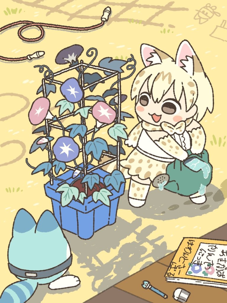 1girl :3 :d animal_ear_fluff animal_ears blonde_hair bow bowtie brown_eyes chibi commentary_request diary elbow_gloves eraser extra_ears flower flower_pot full_body gloves holding holding_watering_can jump_rope kemono_friends kemono_friends_3 kuro_shiro_(kuro96siro46) lucky_beast_(kemono_friends) morning_glory multicolored_hair open_mouth outdoors pen pink_flower plant potted_plant print_bow print_bowtie print_gloves print_skirt purple_flower serval_print shirt short_hair skirt smile solo standing tail thighhighs water watering watering_can white_serval_(kemono_friends) white_shirt yellow_gloves yellow_skirt