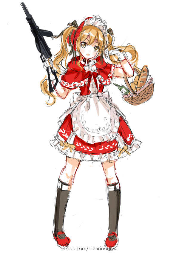 1girl alternate_costume apron basket black_ribbon black_socks blonde_hair bottle bread capelet commentary_request dress food frilled_bonnet full_body girls'_frontline gloves gun hair_ribbon hands_up holding holding_basket holding_gun holding_weapon kneehighs korean_commentary little_red_riding_hood_(grimm) long_hair looking_at_viewer mary_janes open_mouth red_capelet red_dress red_footwear red_headwear ribbon shoes simple_background socks solo standing sten_gun sten_mkii_(girls'_frontline) third-party_source twintails waist_apron weapon web_address weibo_username white_apron white_background white_gloves yellow_eyes zhenming