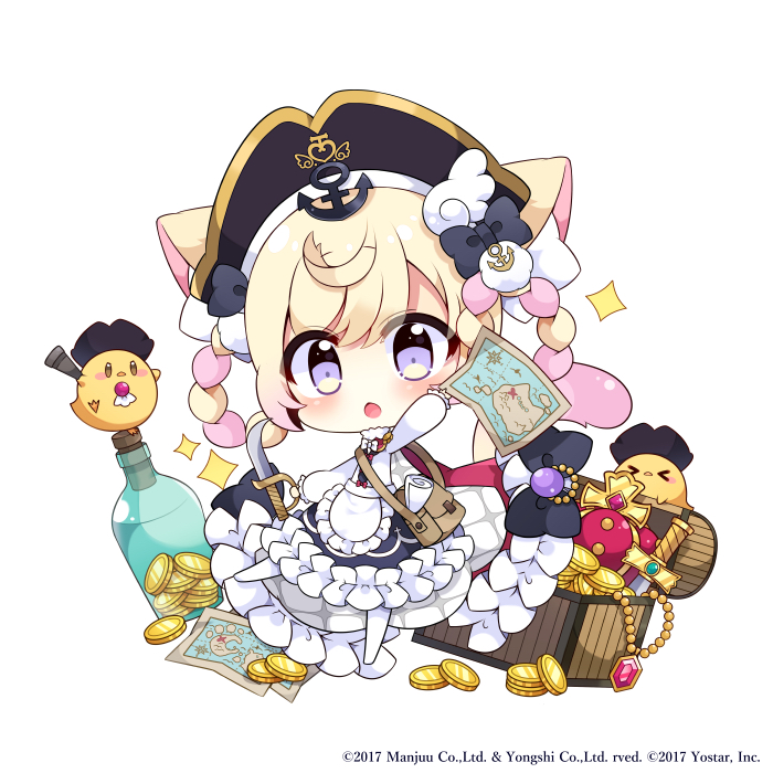 &gt;_&lt; 1girl anchor_hair_ornament animal_ears apron azur_lane blonde_hair cat cat_ears cat_girl cat_tail chibi coin drake_(meowfficer)_(azur_lane) dress frilled_apron frilled_dress frills gem gold_coin hair_ornament hat holding holding_map holding_sword holding_weapon looking_at_viewer manjuu_(azur_lane) map meowfficer_(azur_lane) muuran official_art pirate_hat purple_eyes red_gemstone solo sword tail treasure_chest weapon white_apron white_dress