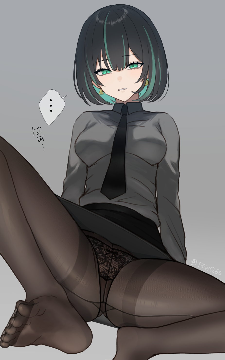 ... 1girl allmind_(armored_core_6) armored_core armored_core_6 back-seamed_legwear black_hair black_necktie black_panties black_pantyhose black_skirt earrings feet green_eyes grey_shirt grimace highres jewelry lace lace_panties legs looking_at_viewer m_legs mikorasu_(tfwq6s) multicolored_hair necktie no_shoes panties pantyhose seamed_legwear shirt short_hair skirt solo spoken_ellipsis streaked_hair thighband_pantyhose toes triangle_earrings underwear upskirt