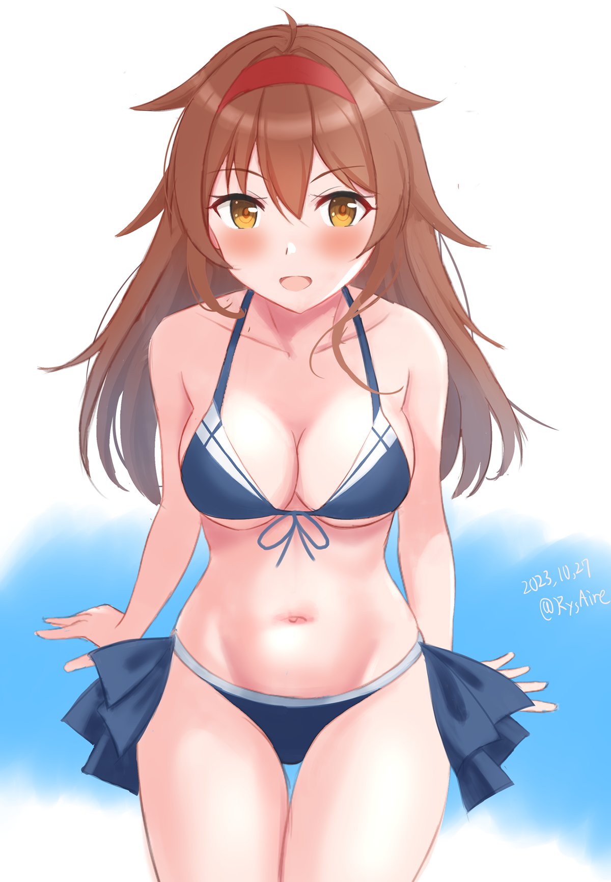 1girl ame-san bikini blue_bikini breasts brown_hair cleavage cosplay front-tie_bikini_top front-tie_top hair_flaps hairband highres kantai_collection long_hair medium_breasts one-hour_drawing_challenge red_hairband shigure_(kancolle) shigure_(kancolle)_(cosplay) shigure_kai_san_(kancolle) shigure_kai_san_(kancolle)_(cosplay) shiratsuyu_(kancolle) shiratsuyu_kai_ni_(kancolle) side-tie_bikini_bottom solo swimsuit thigh_gap
