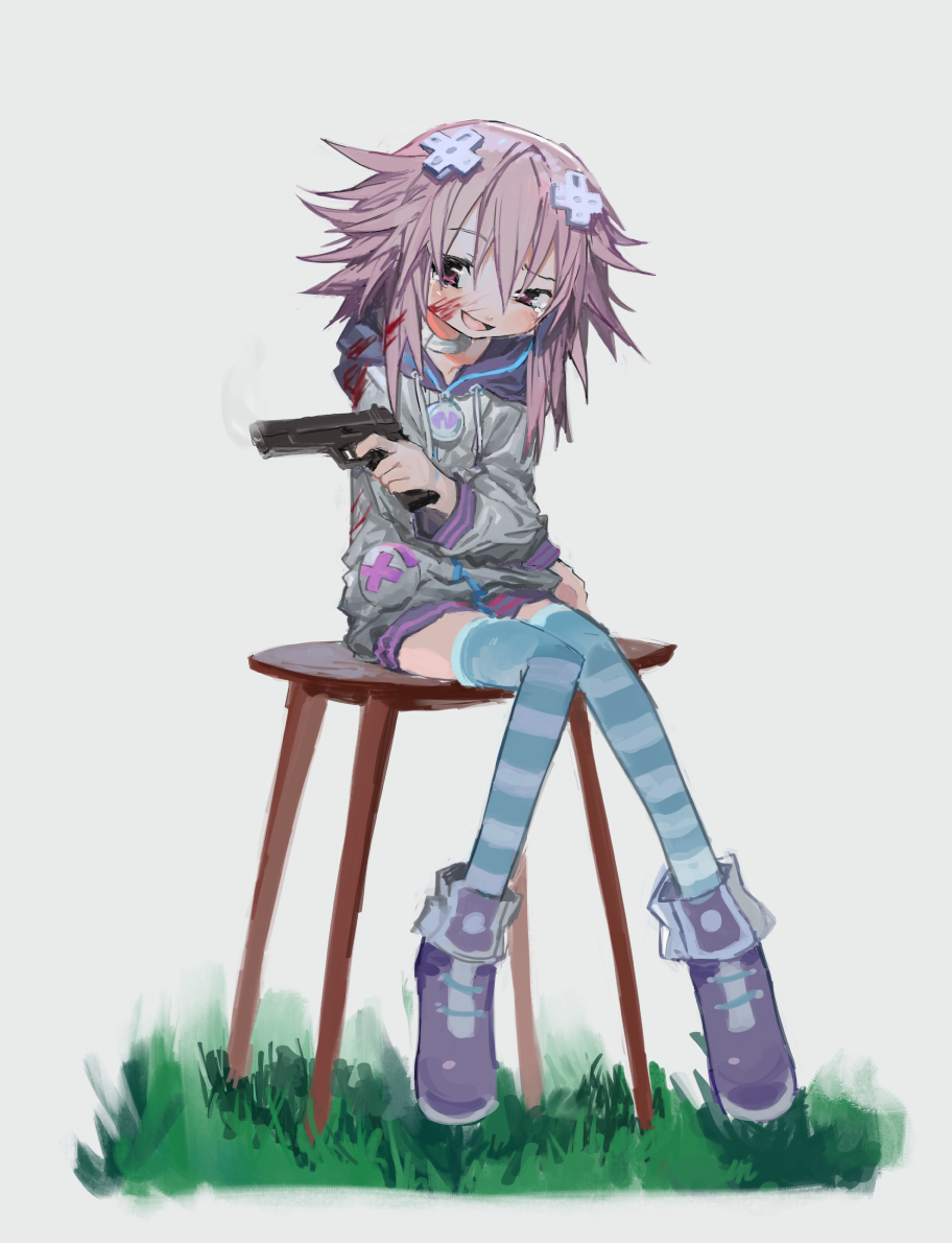 1girl blood blood_on_clothes blood_on_face blue_thighhighs boots collar commentary crossed_arms d-pad d-pad_hair_ornament english_commentary full_body grass grey_background grey_hoodie gun hair_ornament handgun holding holding_gun holding_weapon hood hood_down hoodie knees_together_feet_apart kokaki_mumose laughing long_sleeves looking_to_the_side medium_hair multicolored_clothes multicolored_hoodie neptune_(neptune_series) neptune_(series) open_mouth pink_hair purple_eyes purple_hoodie raised_eyebrow simple_background sitting sitting_on_table smile smoke smoking_gun solo striped striped_thighhighs table tearing_up thighhighs weapon white_collar