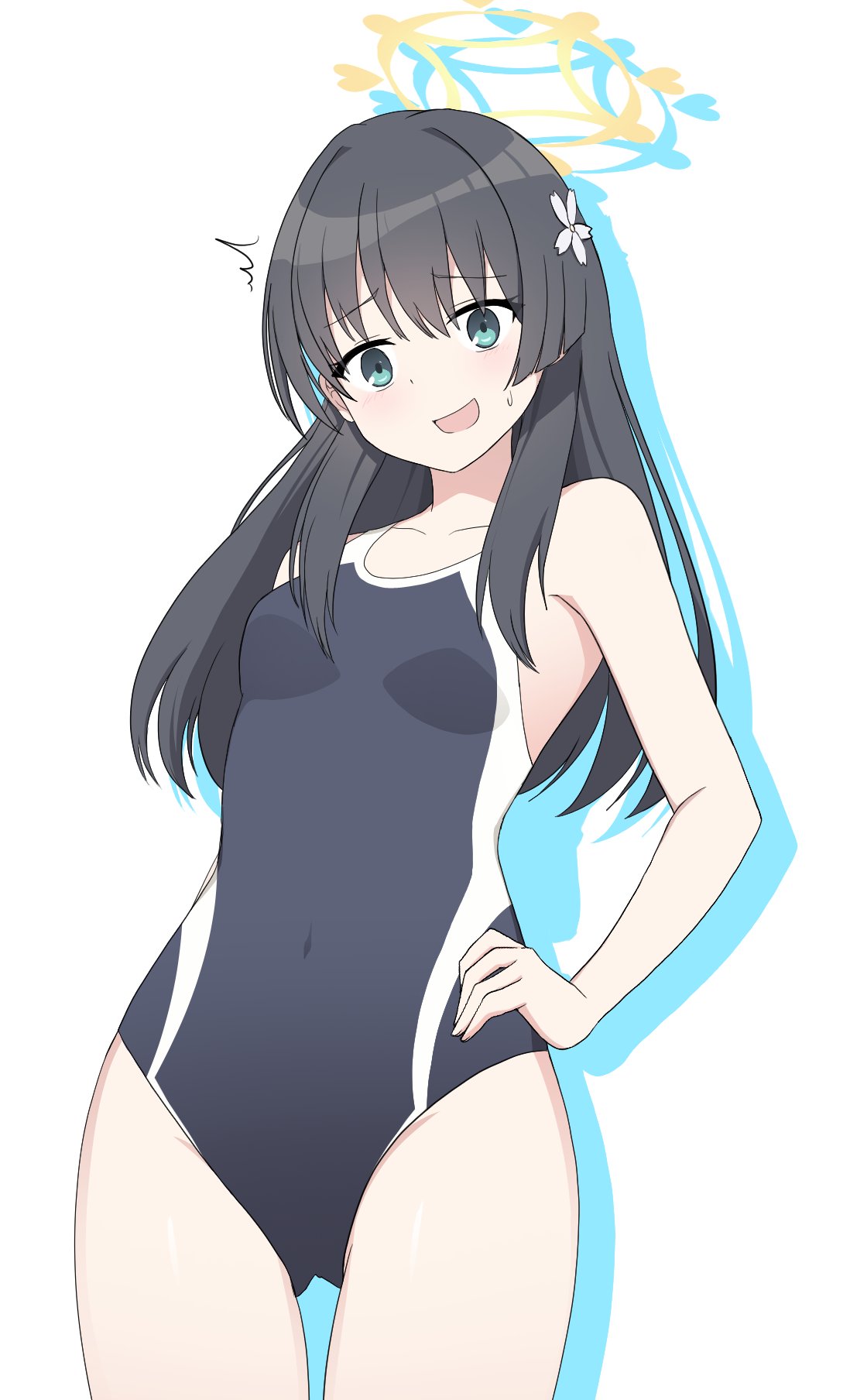 1girl bare_arms bare_legs bare_shoulders black_hair black_one-piece_swimsuit blue_archive blush breasts collarbone commentary_request competition_swimsuit covered_navel cowboy_shot flower green_eyes hair_flower hair_ornament halo highres long_hair nanju_bami one-piece_swimsuit open_mouth saten_ruiko simple_background small_breasts solo swimsuit toaru_kagaku_no_railgun toaru_majutsu_no_index white_background white_flower yellow_halo