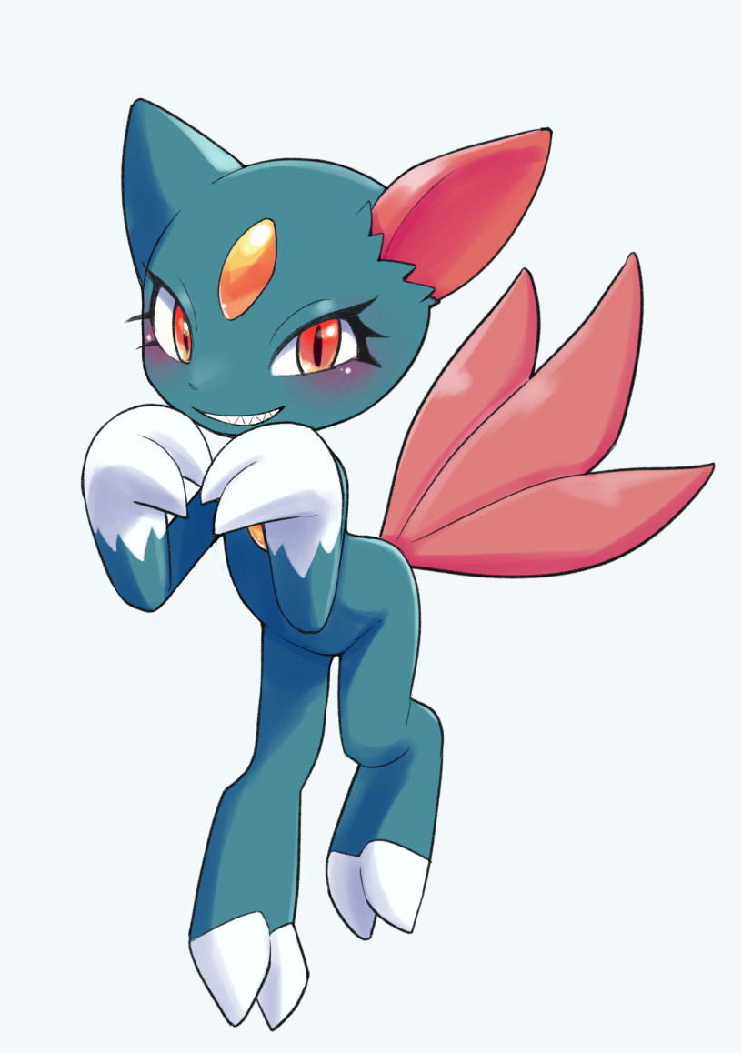 ambiguous_gender anthro asymmetrical_ears blue_body blue_fur claws eyelashes forehead_gem fur generation_2_pokemon grin mammal nintendo pokemon pokemon_(species) red_eyes sharp_teeth simple_background smile sneasel solo teeth unousaya