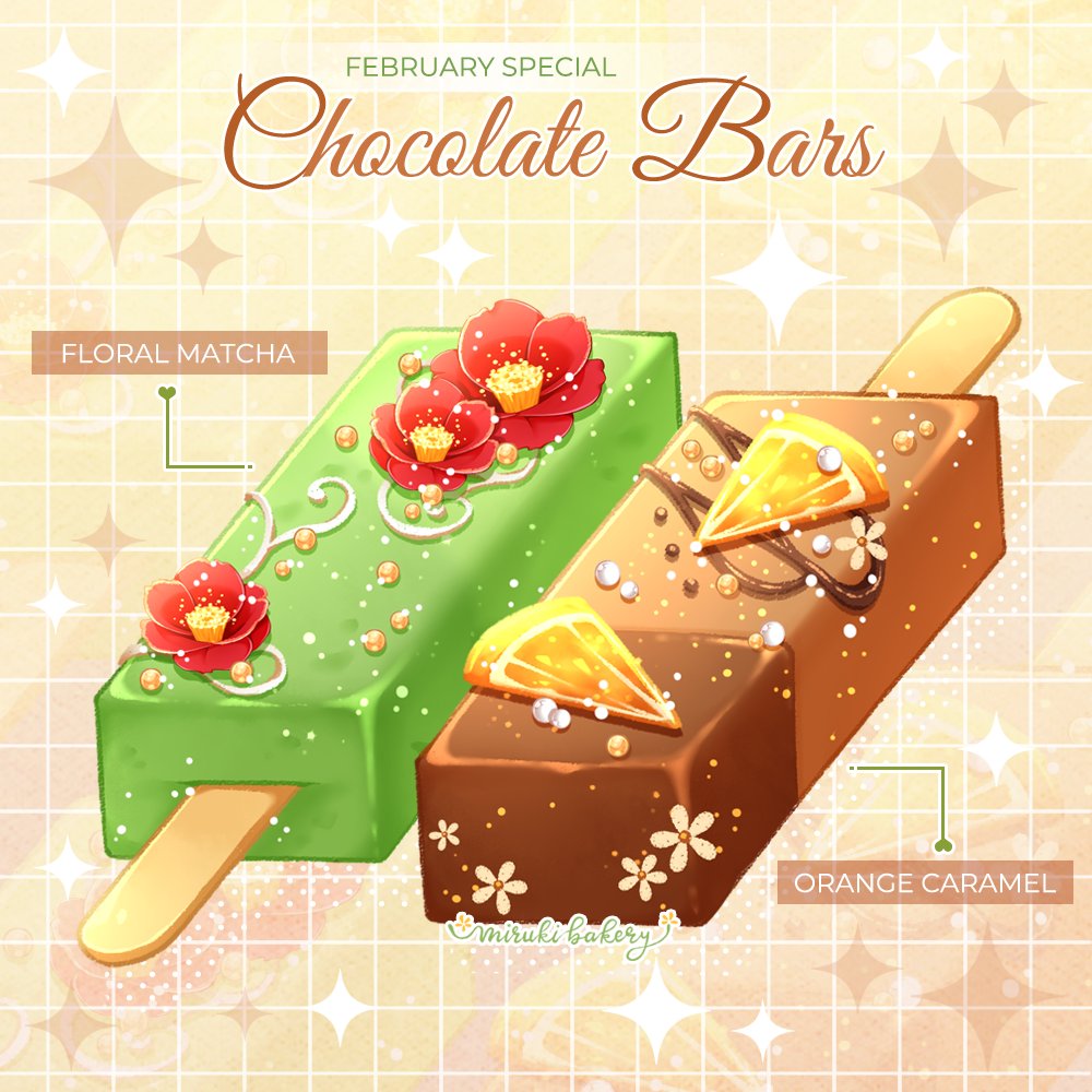 arrow_(symbol) candy chocolate chocolate_bar chocolate_syrup chocomiruki commentary_request english_text flower food food_focus fruit grid_background matcha_(food) no_humans orange_(fruit) orange_background orange_slice original popsicle_stick projected_inset red_flower sparkle white_flower