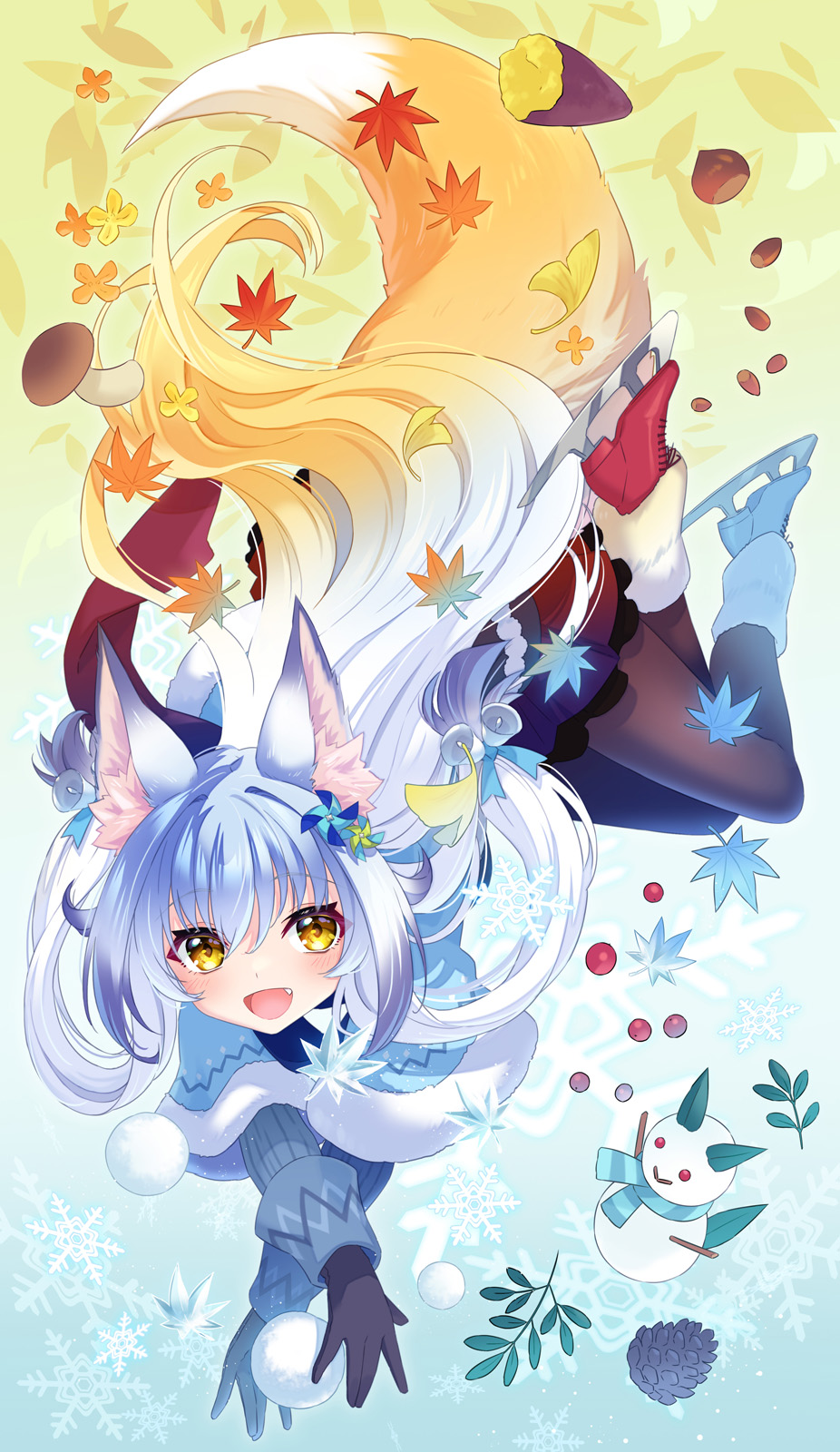 1girl animal_ear_fluff animal_ears autumn autumn_leaves bell berry black_gloves black_pantyhose blonde_hair blue_jacket capelet fang fox_ears fox_girl fox_tail frilled_skirt frills full_body fur-trimmed_capelet fur-trimmed_footwear fur_trim gloves hair_bell hair_between_eyes hair_ornament highres hisana ice_skates jacket light_blush long_hair looking_at_viewer miniskirt multicolored_hair mushroom nut_(food) open_mouth original pantyhose pinecone red_scarf red_skirt scarf sidelocks skates skirt smile snowball snowflakes snowman solo tail two-tone_hair very_long_hair white_hair winter yellow_eyes