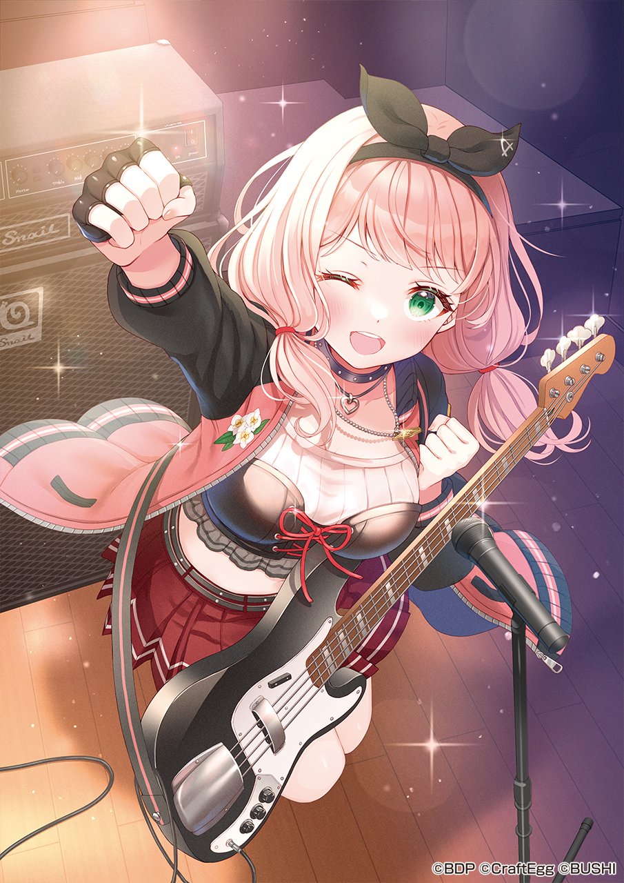 1girl bang_dream! bass_guitar black_gloves fender_precision_bass fingerless_gloves gloves green_eyes highres instrument long_hair long_sleeves looking_at_viewer low_twintails official_art one_eye_closed open_mouth pink_hair pleated_skirt red_skirt serino_itsuki skirt twintails uehara_himari