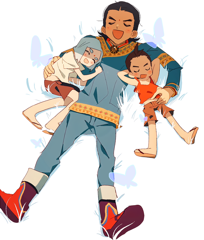 3boys :d ace_attorney aged_down antenna_hair apollo_justice arms_behind_head black_hair blue_hair blue_pants blue_shirt blunt_ends blush boots brooch brown_hair brown_shorts child closed_eyes dhurke_sahdmadhi facial_mark father_and_son flip-flops forehead_mark forked_eyebrows grgrton jewelry legs_apart light_blue_hair lying male_focus medium_hair midriff_peek multiple_boys nahyuta_sahdmadhi on_back on_side open_mouth pants red_footwear red_shirt red_tank_top sandals shirt short_hair short_sleeves shorts sleeveless sleeveless_shirt smile tank_top thick_eyebrows white_shirt