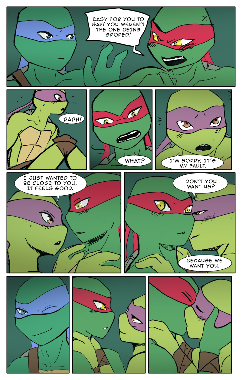 bandanna brother_(lore) brothers_(lore) camping_tent comic dialogue donatello_(tmnt) eye_contact eyes_closed group hi_res incest_(lore) kerchief kissing leonardo_(tmnt) looking_at_another male michelangelo_(tmnt) momorawrr raphael_(tmnt) reptile scalie sibling_(lore) sleeping teenage_mutant_ninja_turtles turtle