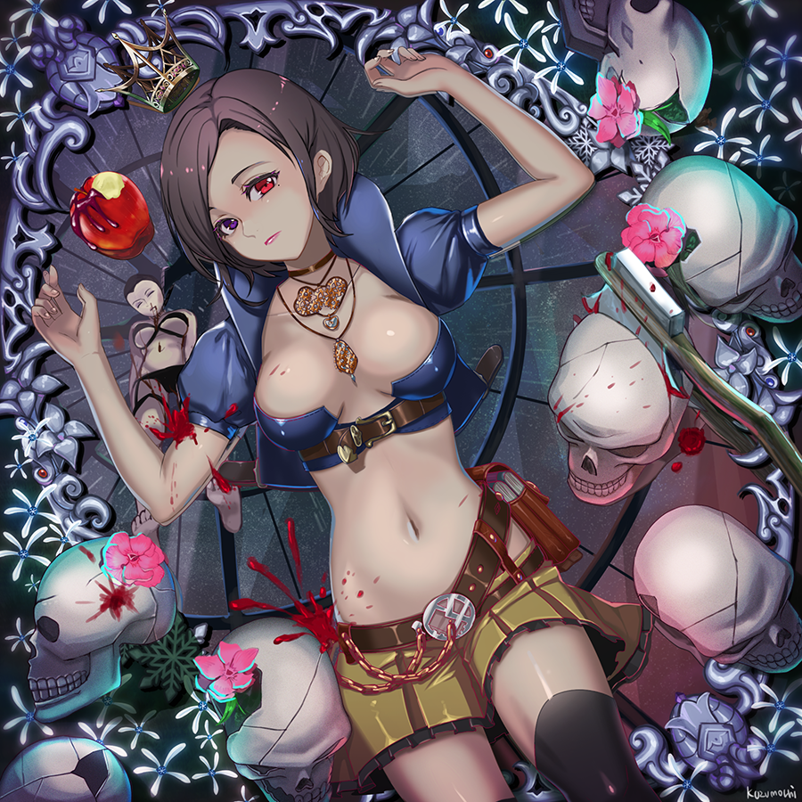 1girl apple arm_up axe belt belt_buckle black_thighhighs blood blood_splatter blue_jacket breasts brown_belt brown_hair brown_skirt buckle closed_mouth collarbone commentary_request cropped_jacket crown dark-skinned_female dark_skin flower food frilled_skirt frills fruit hand_up heterochromia jacket kuzumochi_(kuzumochiya) looking_at_viewer lying medium_breasts mini_crown navel on_back open_clothes open_jacket parted_bangs pink_flower pleated_skirt puffy_short_sleeves puffy_sleeves purple_eyes red_apple red_eyes short_hair short_sleeves signature skirt skull snow_white snow_white_(grimm) solo thighhighs