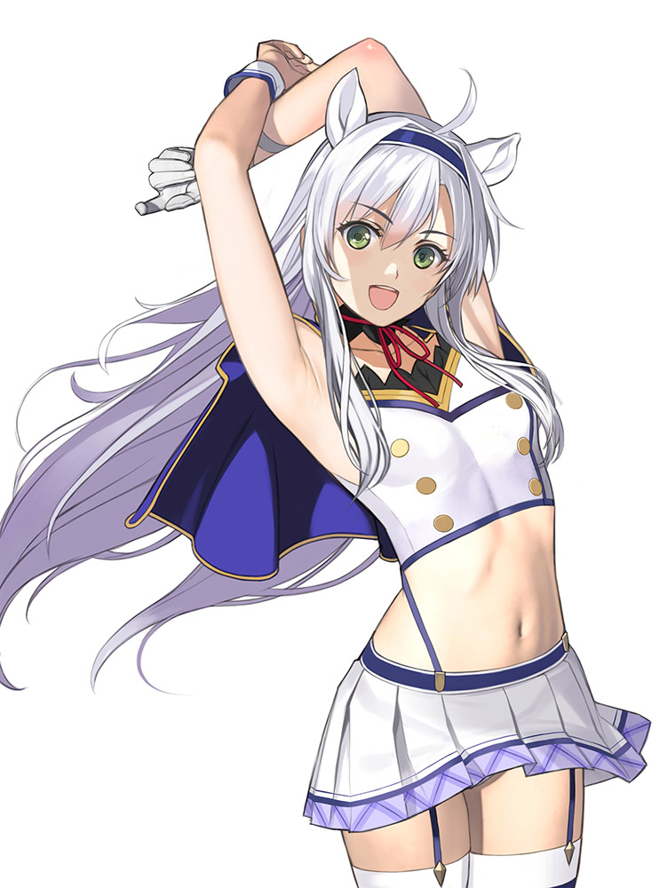 1girl :d ahoge animal_ears arms_behind_head arms_up blue_capelet blue_thighhighs capelet cheerleader crop_top cropped_legs detached_collar double-parted_bangs garter_straps gloves green_eyes headband long_hair looking_at_viewer mibu_natsuki midriff navel open_mouth pleated_skirt red_ribbon ribbon rokudenashi_majutsu_koushi_to_akashic_record sidelocks single_glove sistine_fibel skirt smile tank_top thighhighs white_background white_gloves white_hair white_skirt white_tank_top wrist_cuffs